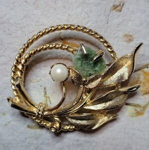 Vintage Moss Agate Faux Pearl Floral Circle Brooch, 1960's, 2"